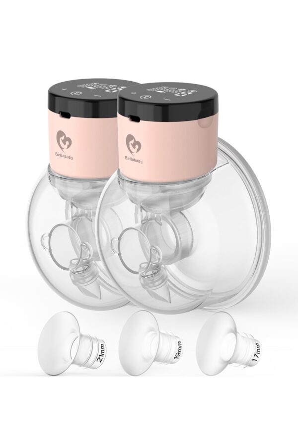 Bellababy Wearable Hands-Free Breast Pumps, Low Noise, Pain Free, Touch Screen, 4 Modes, 9 Suction Levels, Fewer Parts to Clean, Dual 24mm Flanges with 21/19/17mm Inserts (Pink)