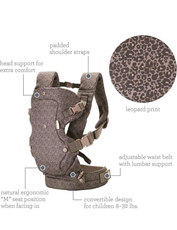 Infantino Flip Advanced 4-in-1 Baby Carrier - Ergonomic, Convertible, Face-in and Face-Out Front and Back Baby Carrier for Newborn to Toddler 8-32 lbs, Leopard - Image 4
