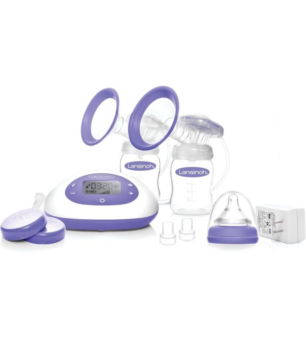 Lansinoh Signature Pro Double Electric Breast Pump, Portable Breast Pump, 3 Power Options, LCD Display, Includes Breast Pump Bag, 25mm Breast Pump Flanges and 2 Lansinoh Baby Bottles (pack of 1)