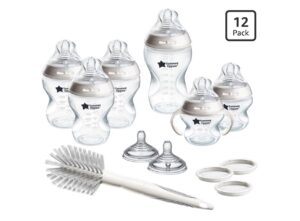 Tommee Tippee Natural Start 12 Piece BPA Free Bottle Set, Includes 2 x 5 oz, 3 x 9 oz, 1 x 11 oz Bottles, Newborn 0+ Months, Slow, Medium & Thicker Flow Breast-Like Nipples, Cleaning Brush, Clear