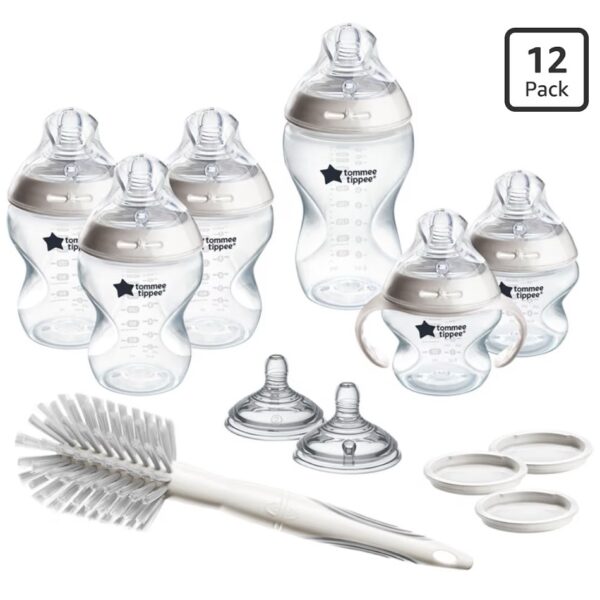 Tommee Tippee Natural Start 12 Piece BPA Free Bottle Set, Includes 2 x 5 oz, 3 x 9 oz, 1 x 11 oz Bottles, Newborn 0+ Months, Slow, Medium & Thicker Flow Breast-Like Nipples, Cleaning Brush, Clear