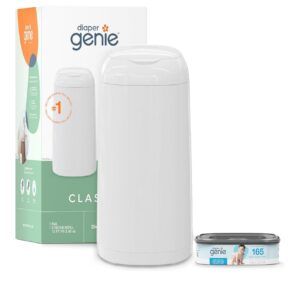 Diaper Genie Classic Pail Includes 1 Starter Square Refill That can Hold up to 165 - Pail itself Holds Up to 55 Newborn-Sized Diapers at any given time .