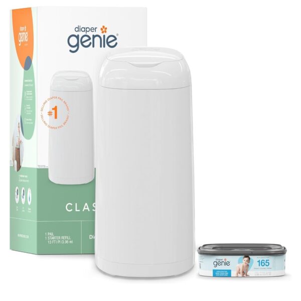 Diaper Genie Classic Pail Includes 1 Starter Square Refill That can Hold up to 165 - Pail itself Holds Up to 55 Newborn-Sized Diapers at any given time .