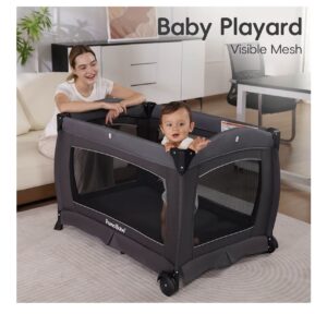 Pamo Babe Pack and Play with Bassinet Baby Playpen Foldable Playard with Changing Table Portable 4 in 1 Baby Playard